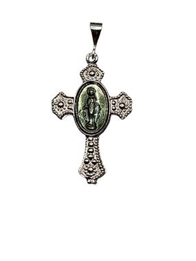 Unisex Silver-Tone Y2K Virgin Mary Cross Pendant with Green Oval Center